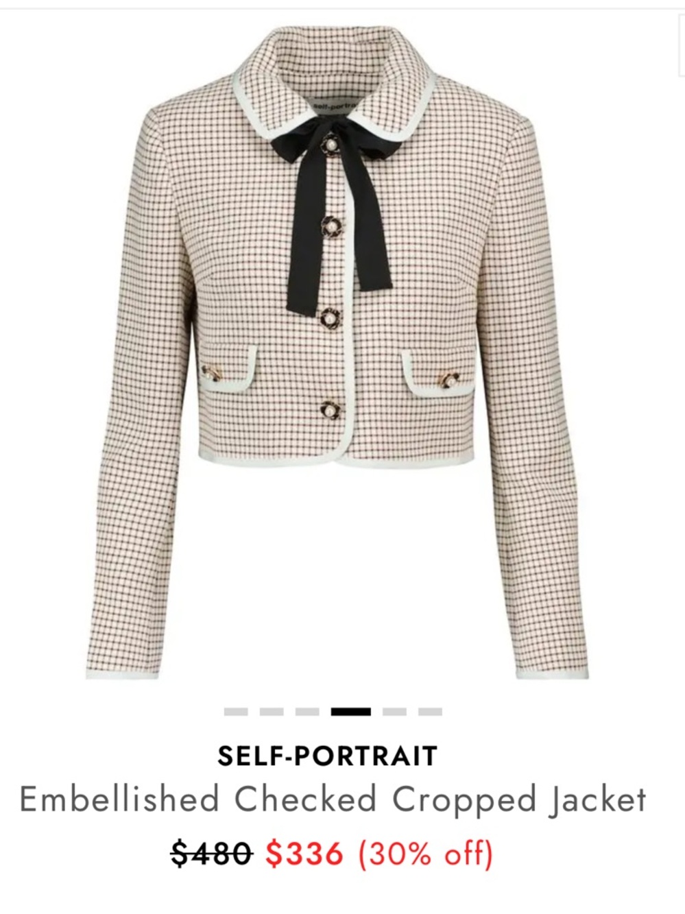 Self-Portrait Cream and Black Checked Cropped Jacket with Bow